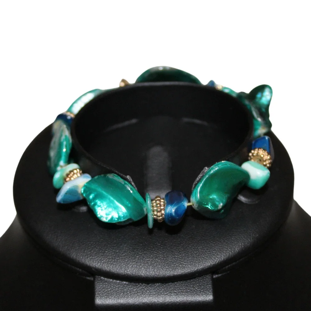 Painted Art Glass Blue Green Seafoam Shimmer MermaidCore Chunky Stretch Bracelet